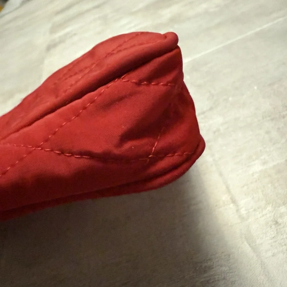 Vintage Cacharel Cosmetic Pouch Makeup Bag Red Quilted Gold‎ Sun Button & Zipper